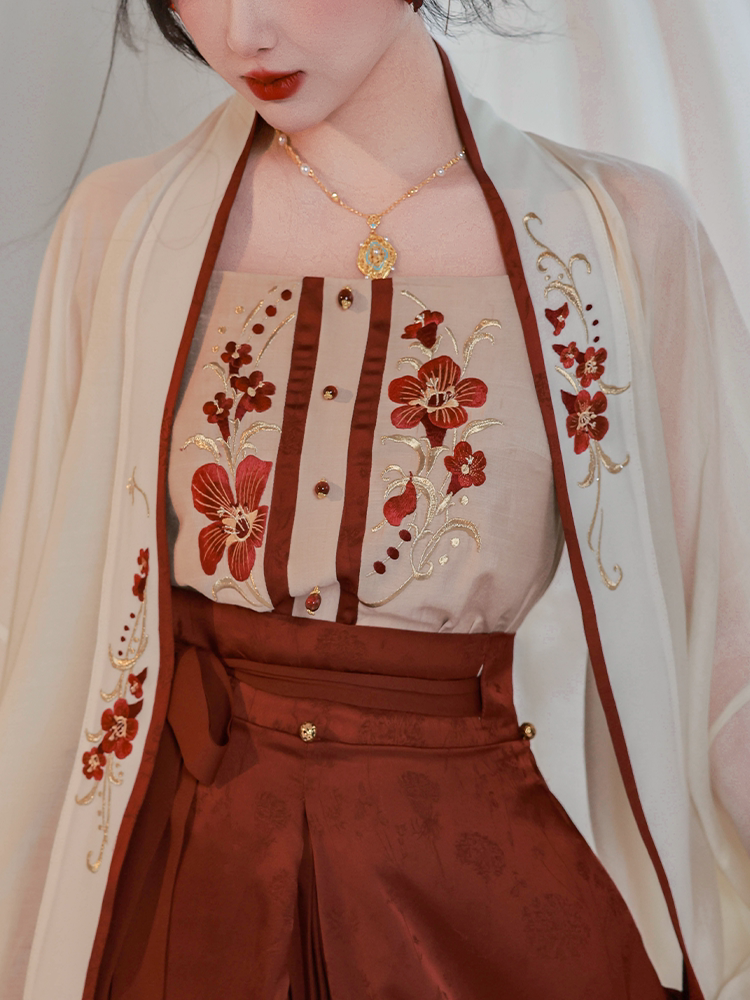 Nimeng Chiyu Zhan Original Modified Hanfu Song-style Long Robe & Pleated Skirt Set - Dark Red, Daily Commute, Morning Robe, Wedding Toast Dress