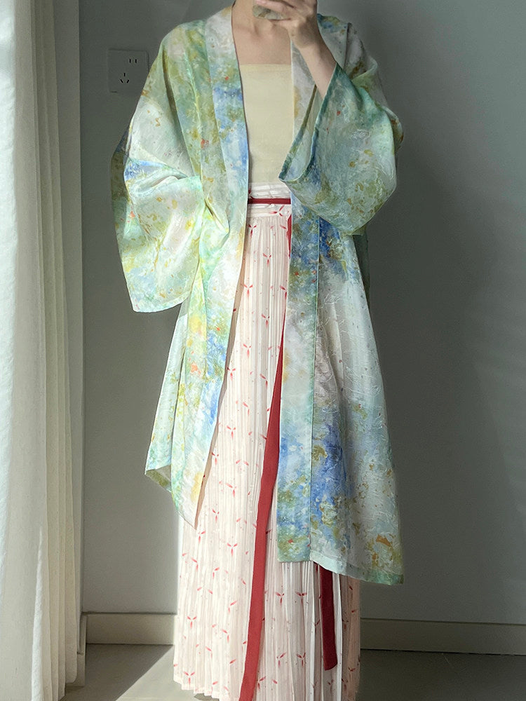 Dark Sleeve Fragrance [Watercolor] Hanfu Women's Song-style Long Coat w/ Iron Crutch Tomb Print, Casual & Commute