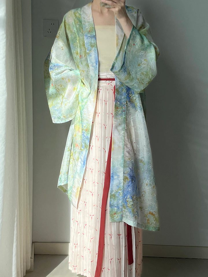 Dark Sleeve Fragrance [Watercolor] Hanfu Women's Song-style Long Coat w/ Iron Crutch Tomb Print, Casual & Commute