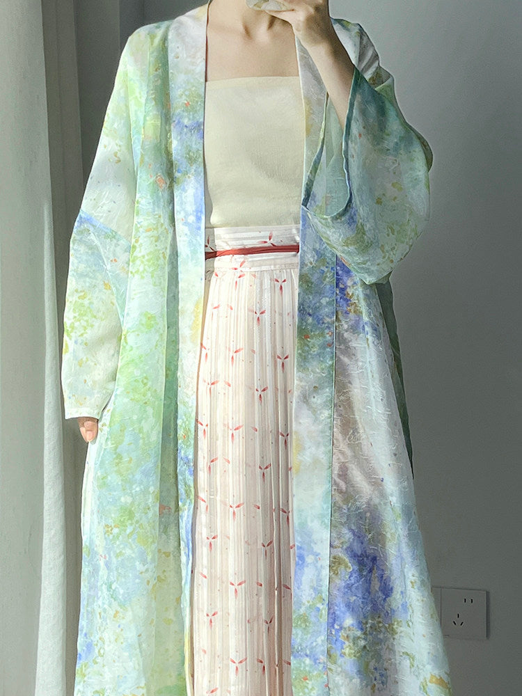 Dark Sleeve Fragrance [Watercolor] Hanfu Women's Song-style Long Coat w/ Iron Crutch Tomb Print, Casual & Commute