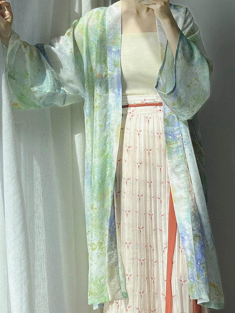 Dark Sleeve Fragrance [Watercolor] Hanfu Women's Song-style Long Coat w/ Iron Crutch Tomb Print, Casual & Commute