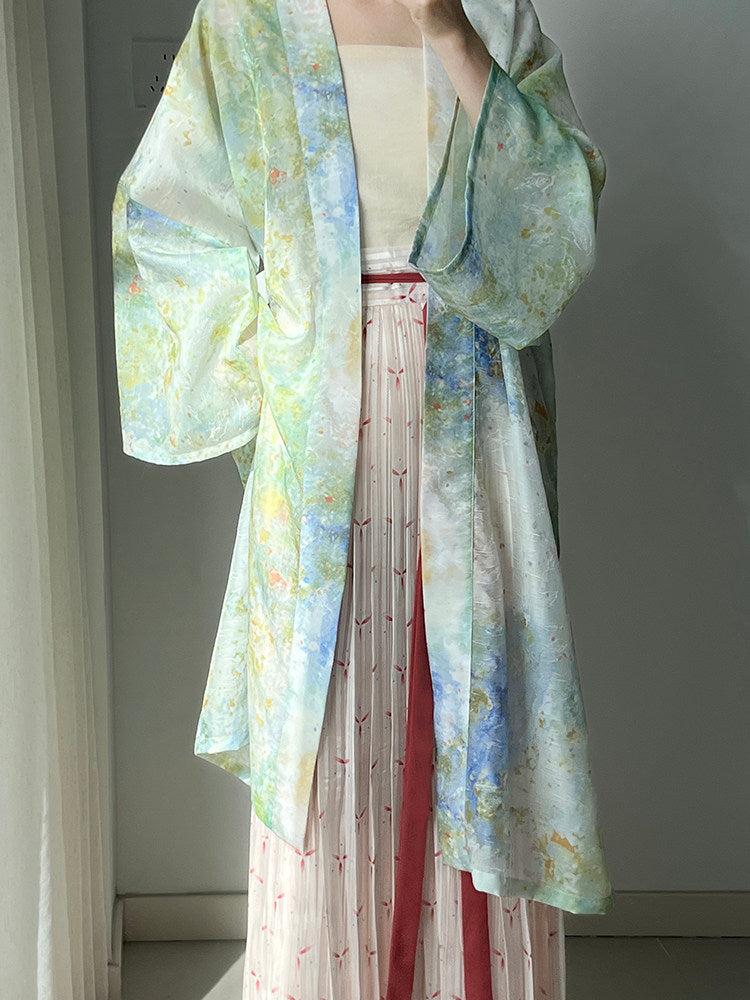 Dark Sleeve Fragrance [Watercolor] Hanfu Women's Song-style Long Coat w/ Iron Crutch Tomb Print, Casual & Commute