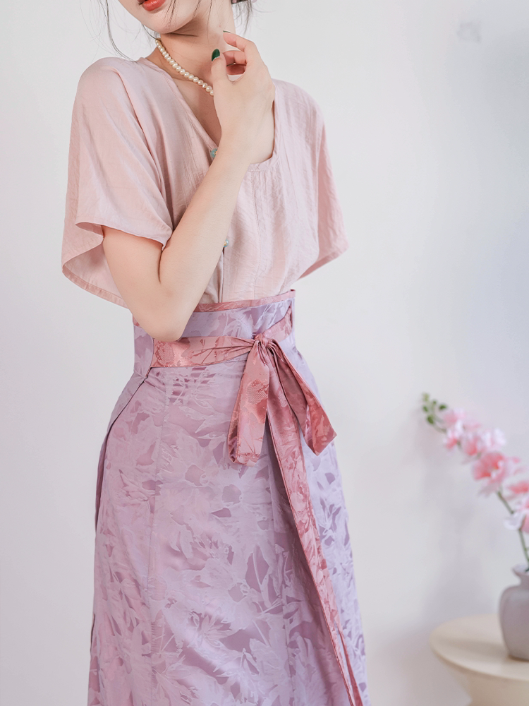 Dreamy Celadon Tie-Dye Short-Sleeve Tang Hanfu Set, Half-Sleeve Top & Split Skirt, Spring/Summer Daily Wear & Workwear
