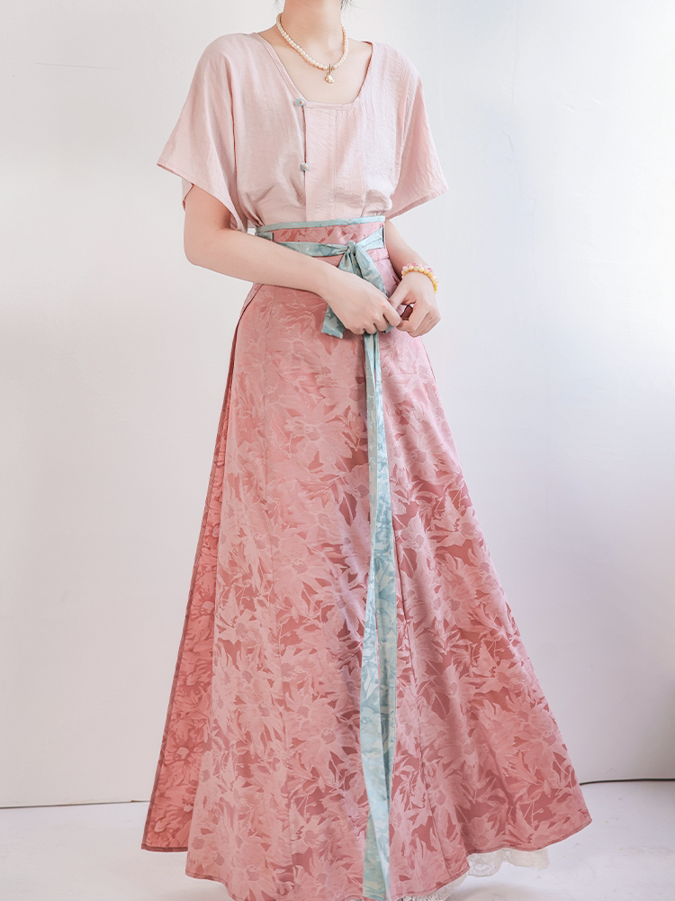 Dreamy Celadon Tie-Dye Short-Sleeve Tang Hanfu Set, Half-Sleeve Top & Split Skirt, Spring/Summer Daily Wear & Workwear