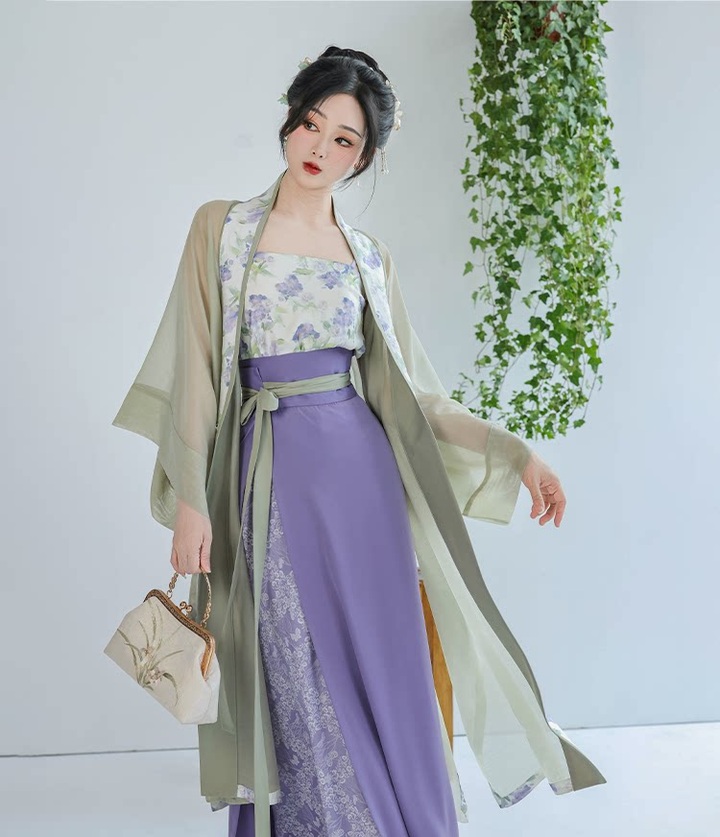 Dreamlike Jasmine Green Grape Original Song-style Hanfu Spinning Skirt & Changgan Temple Long Gown, Green & Purple Jacquard, Spring/Autumn Daily