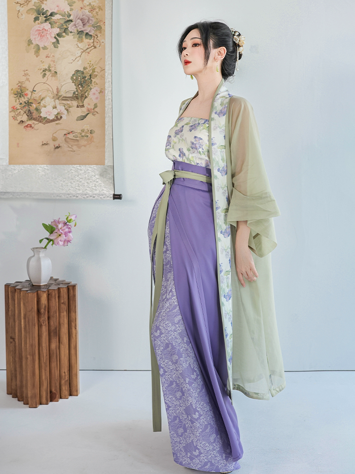 Dreamlike Jasmine Green Grape Original Song-style Hanfu Spinning Skirt & Changgan Temple Long Gown, Green & Purple Jacquard, Spring/Autumn Daily