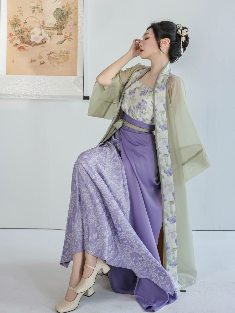 Dreamlike Jasmine Green Grape Original Song-style Hanfu Spinning Skirt & Changgan Temple Long Gown, Green & Purple Jacquard, Spring/Autumn Daily
