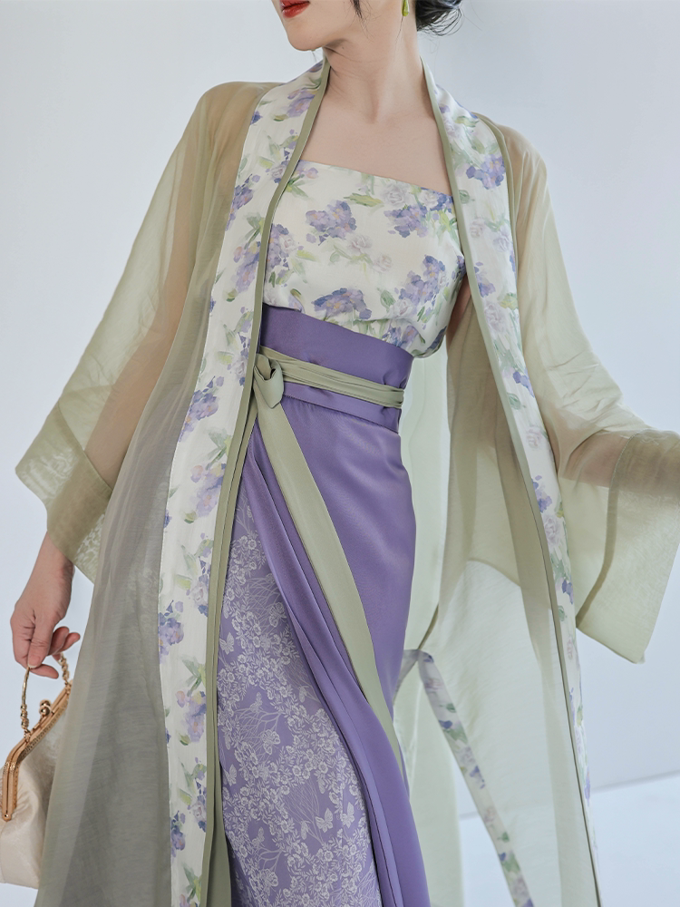 Dreamlike Jasmine Green Grape Original Song-style Hanfu Spinning Skirt & Changgan Temple Long Gown, Green & Purple Jacquard, Spring/Autumn Daily