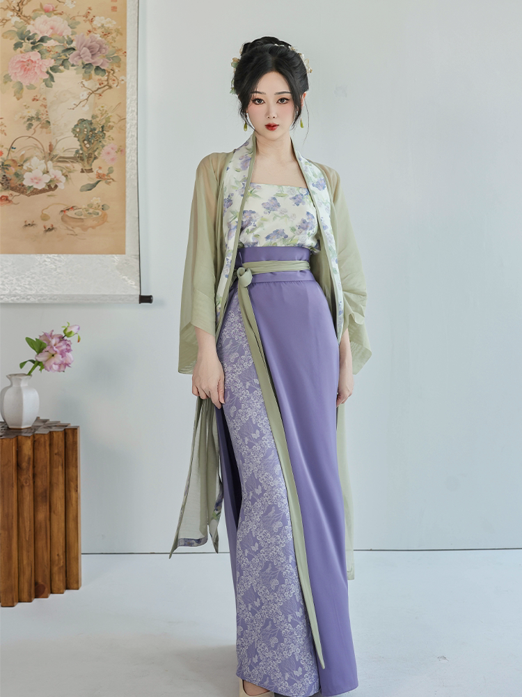 Dreamlike Jasmine Green Grape Original Song-style Hanfu Spinning Skirt & Changgan Temple Long Gown, Green & Purple Jacquard, Spring/Autumn Daily