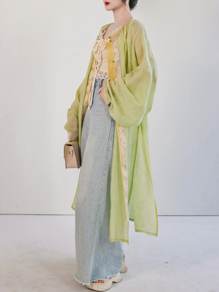 Ni Meng Chun Cha Original Wanli Long Robe & Hundred Pleat Skirt, Ming & Song Hanfu, Tencel Brocade, Daily Commute Women's