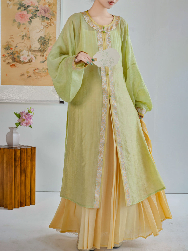 Ni Meng Chun Cha Original Wanli Long Robe & Hundred Pleat Skirt, Ming & Song Hanfu, Tencel Brocade, Daily Commute Women's