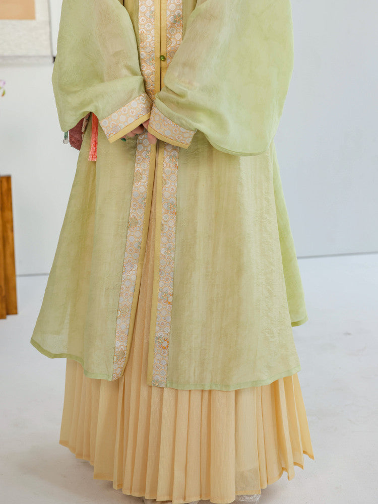 Ni Meng Chun Cha Original Wanli Long Robe & Hundred Pleat Skirt, Ming & Song Hanfu, Tencel Brocade, Daily Commute Women's
