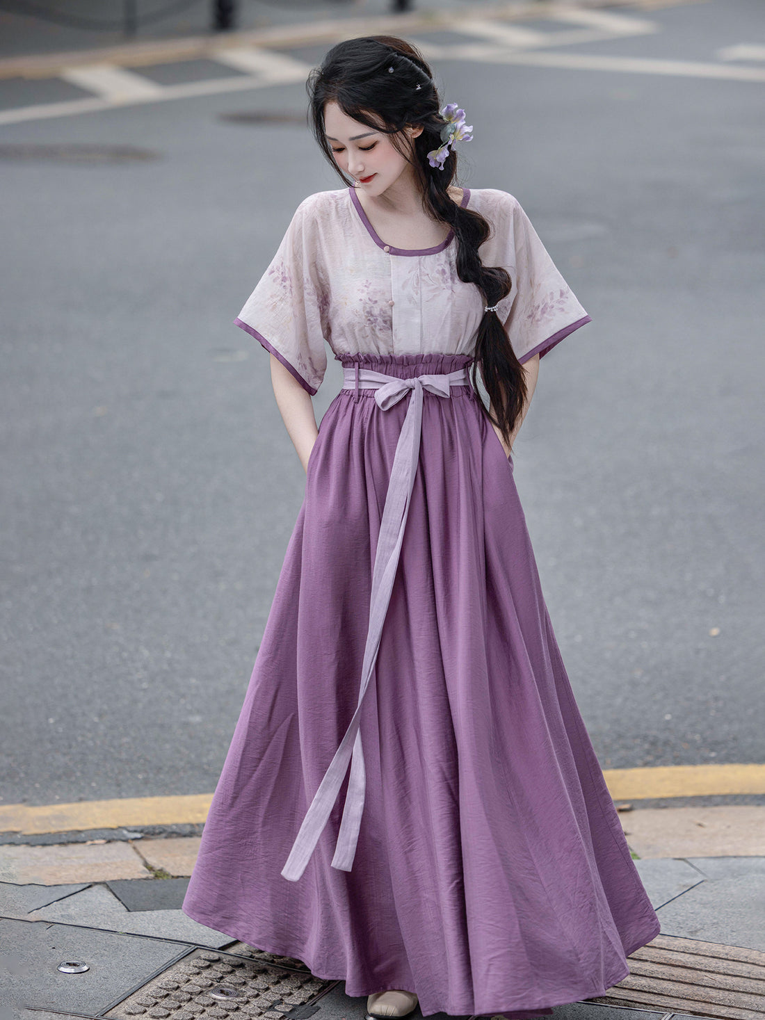 Dream Wisteria Orig. Chinese Style Elastic Waist Split Skirt Short Sleeve Tang Vest Rayon Spring/Summer Daily Commute Women's Set