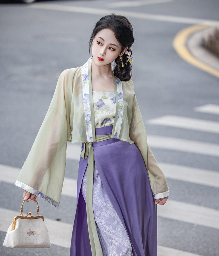 Dream Green Grape Jasmine - Chinese Tencel Jacquard Song-style Hanfu Wrap Skirt, Green & Purple, Spring/Autumn, Women's