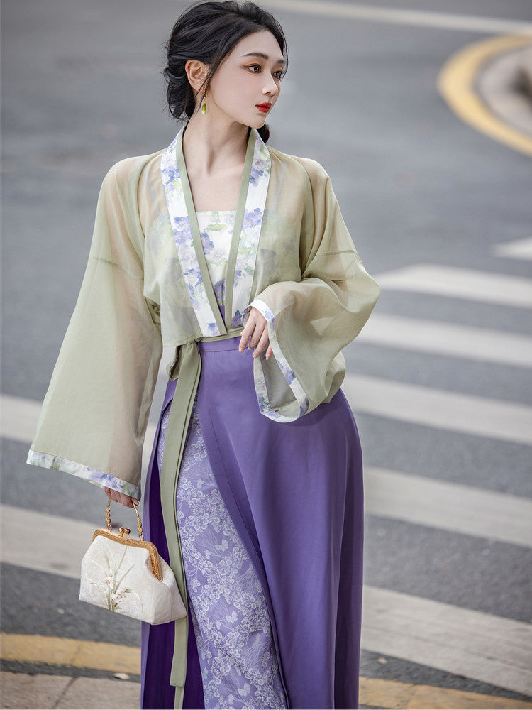 Dream Green Grape Jasmine - Chinese Tencel Jacquard Song-style Hanfu Wrap Skirt, Green & Purple, Spring/Autumn, Women's