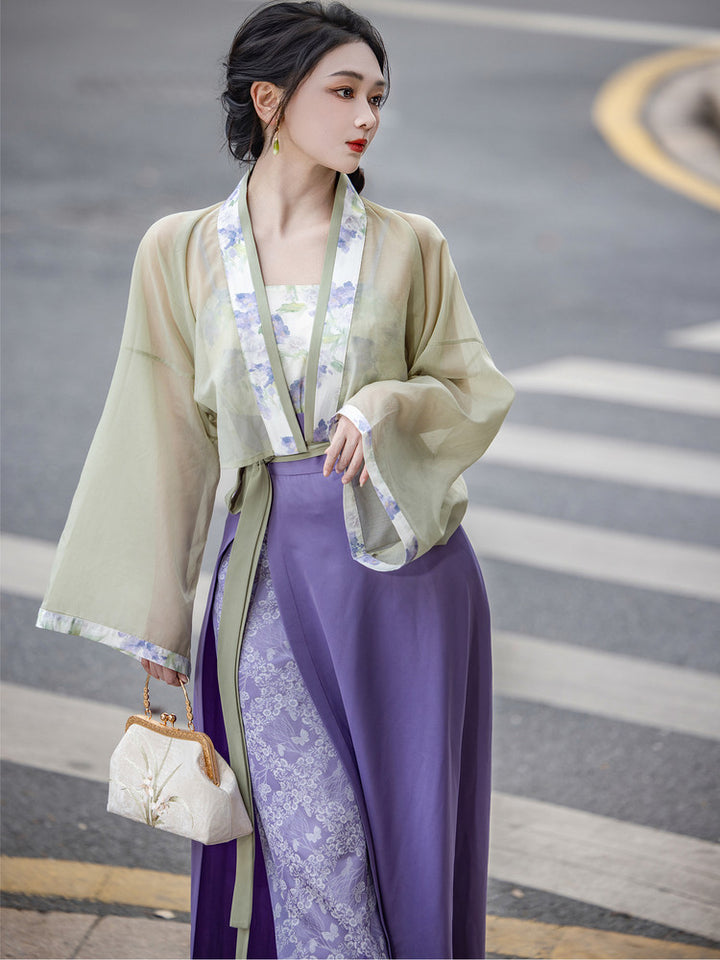 Dream Green Grape Jasmine - Chinese Tencel Jacquard Song-style Hanfu Wrap Skirt, Green & Purple, Spring/Autumn, Women's