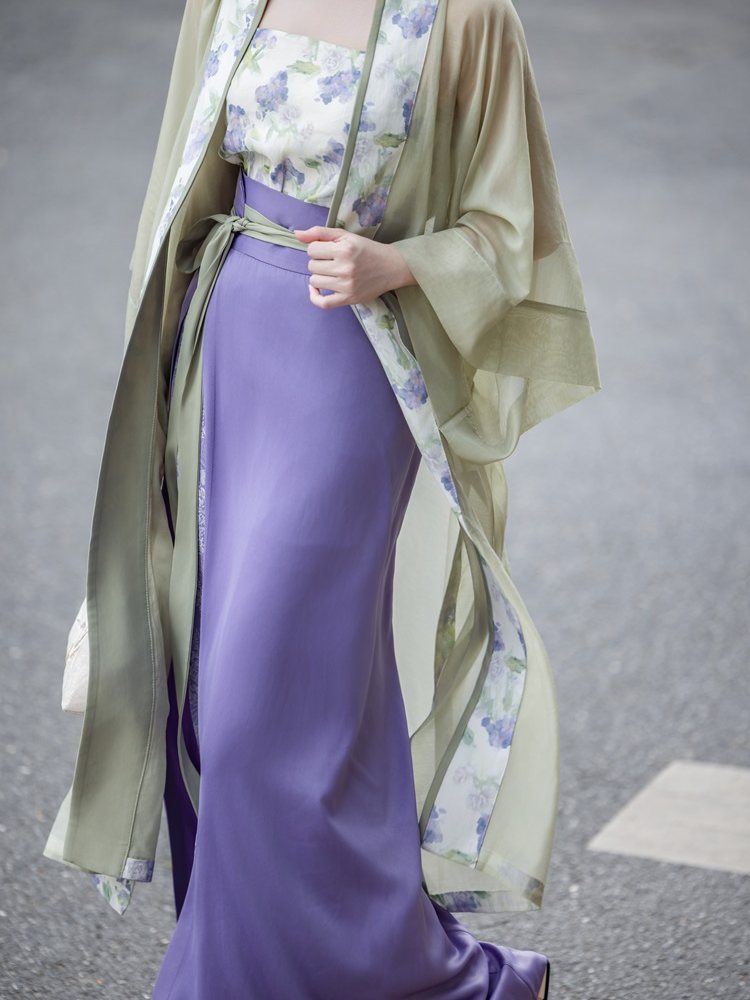 Dream Green Grape Jasmine - Chinese Tencel Jacquard Song-style Hanfu Wrap Skirt, Green & Purple, Spring/Autumn, Women's