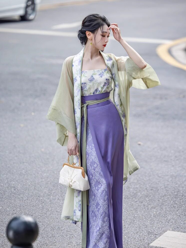 Dream Green Grape Jasmine - Chinese Tencel Jacquard Song-style Hanfu Wrap Skirt, Green & Purple, Spring/Autumn, Women's