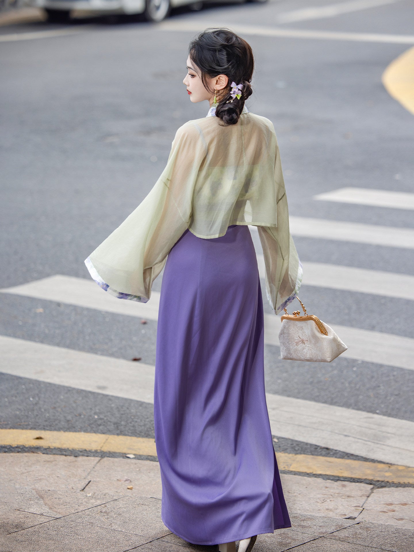 Dream Green Grape Jasmine - Chinese Tencel Jacquard Song-style Hanfu Wrap Skirt, Green & Purple, Spring/Autumn, Women's