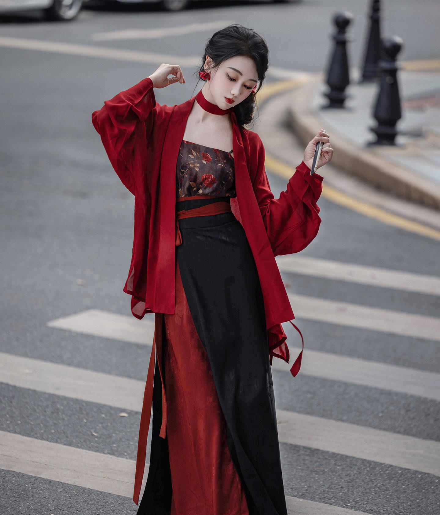 Dream Rose Night Original Song Hanfu Plane Sleeve Spiral Skirt Red&Black HK Style Mature Commute Spring Autumn Women
