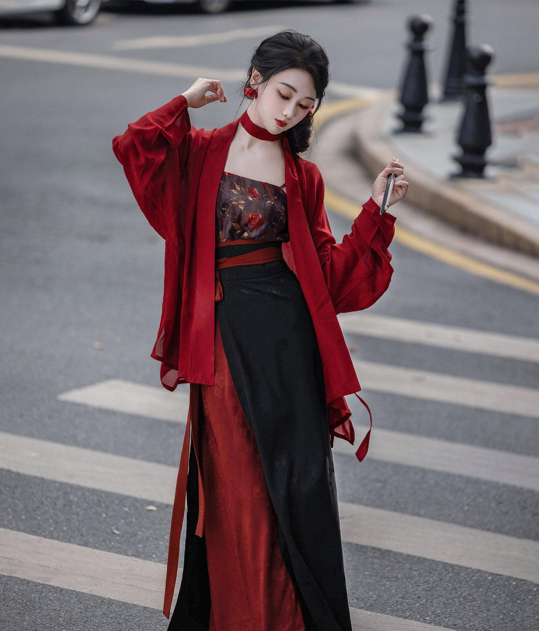 Dream Rose Night Original Song Hanfu Plane Sleeve Spiral Skirt Red&Black HK Style Mature Commute Spring Autumn Women