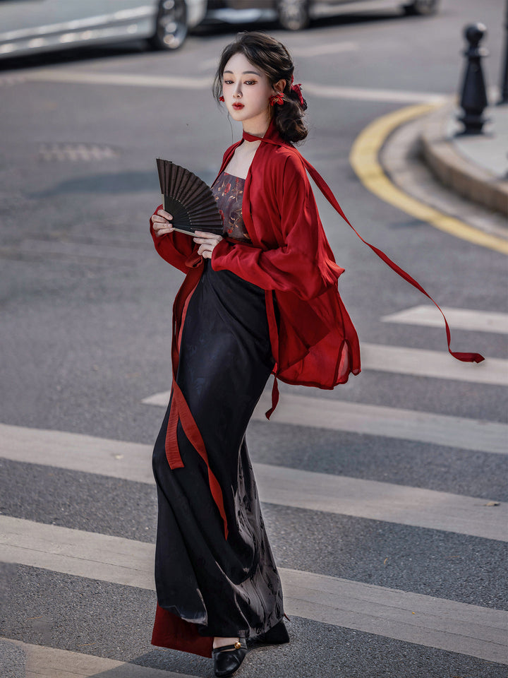 Dream Rose Night Original Song Hanfu Plane Sleeve Spiral Skirt Red&Black HK Style Mature Commute Spring Autumn Women