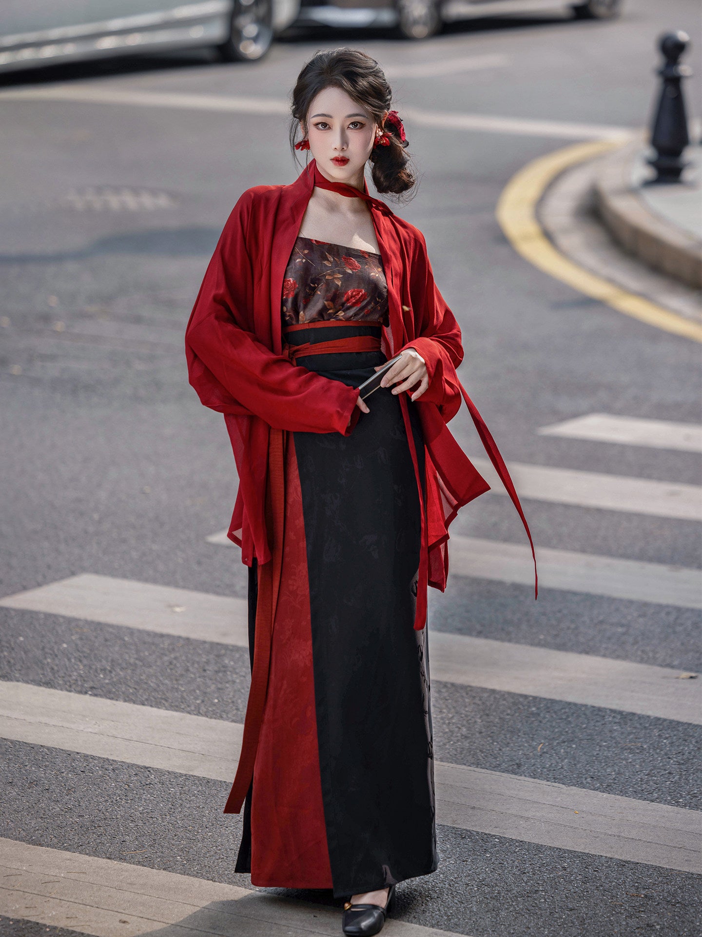 Dream Rose Night Original Song Hanfu Plane Sleeve Spiral Skirt Red&Black HK Style Mature Commute Spring Autumn Women