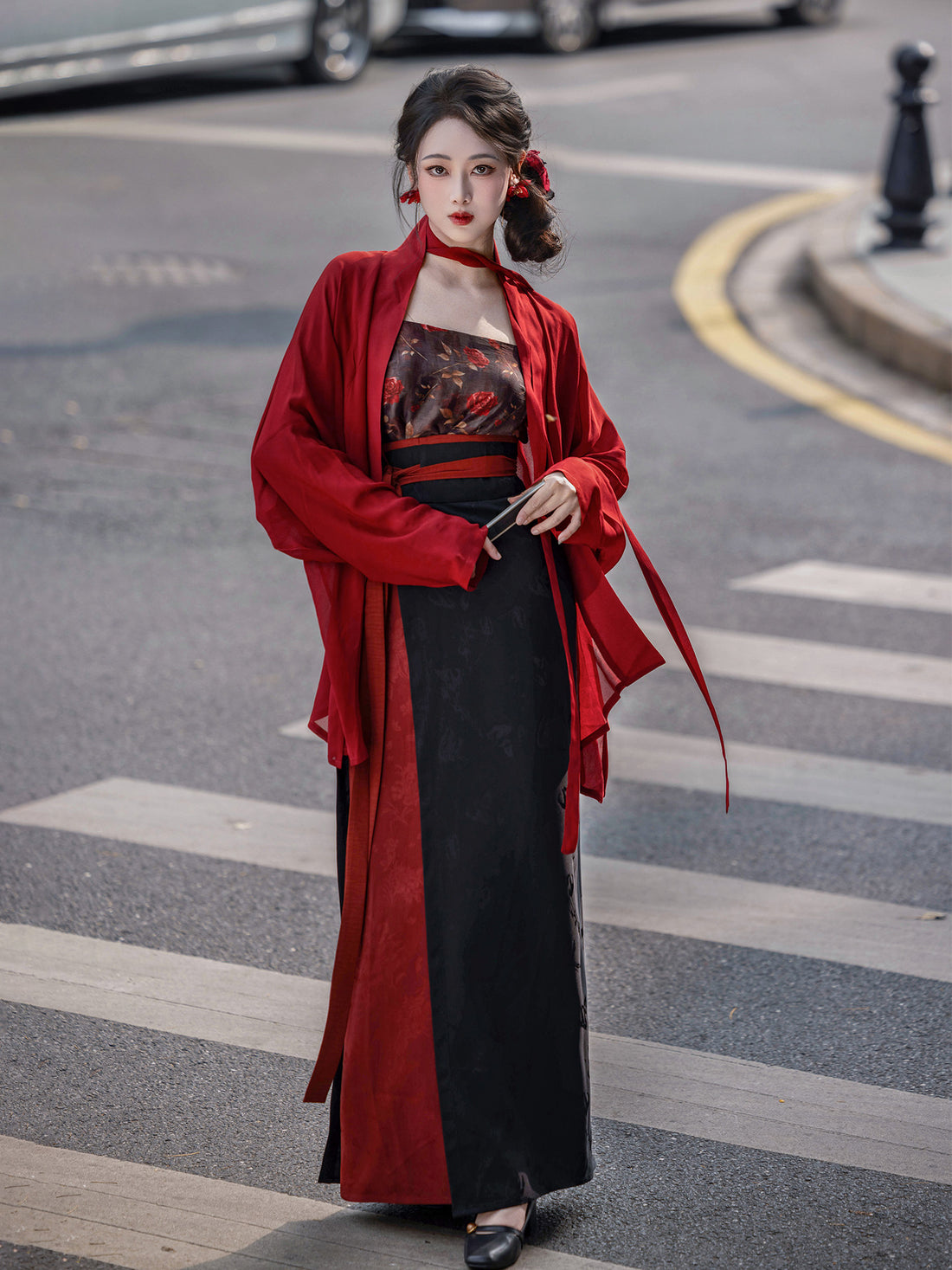 Dream Rose Night Original Song Hanfu Plane Sleeve Spiral Skirt Red&Black HK Style Mature Commute Spring Autumn Women