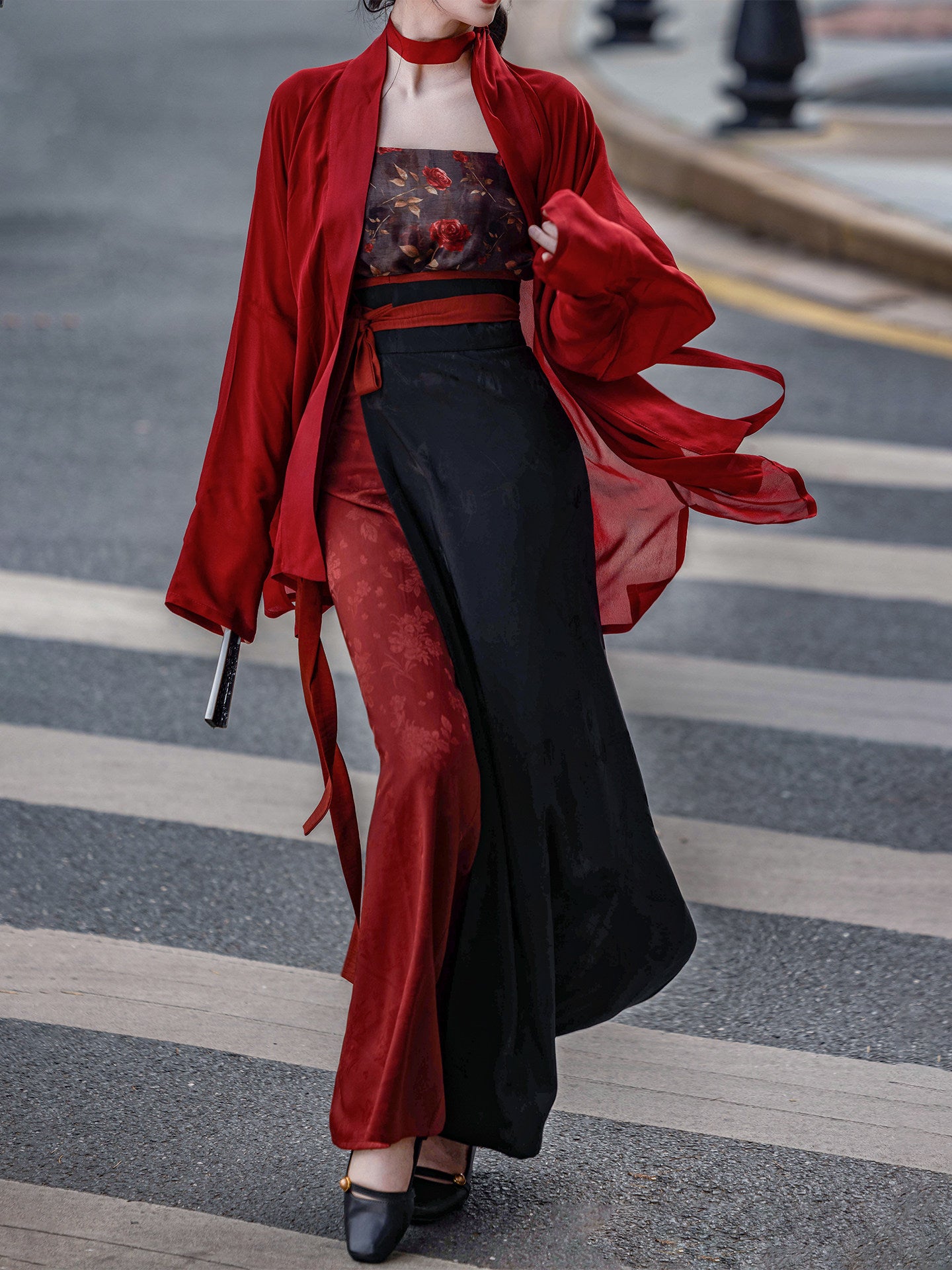 Dream Rose Night Original Song Hanfu Plane Sleeve Spiral Skirt Red&Black HK Style Mature Commute Spring Autumn Women