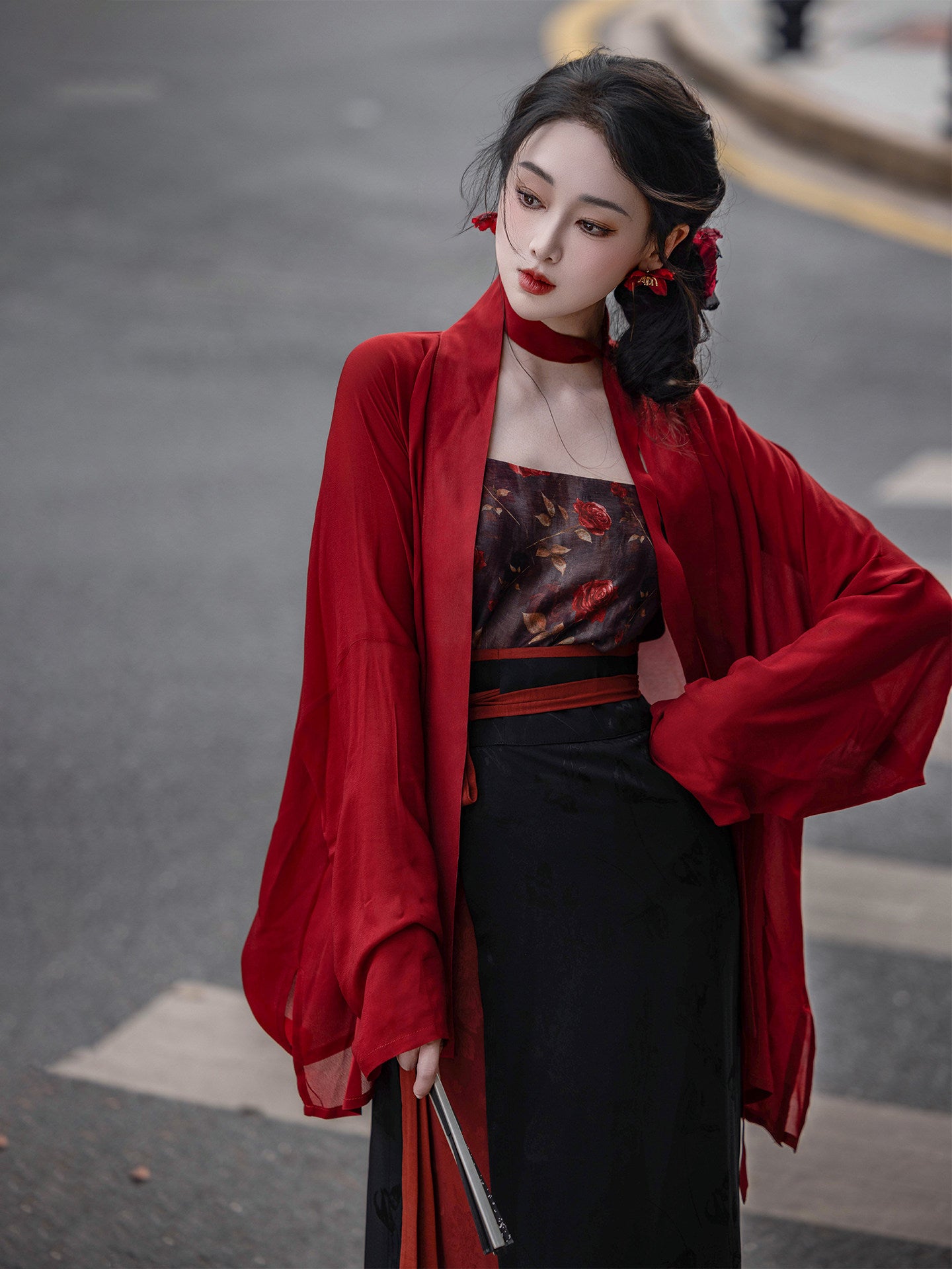 Dream Rose Night Original Song Hanfu Plane Sleeve Spiral Skirt Red&Black HK Style Mature Commute Spring Autumn Women