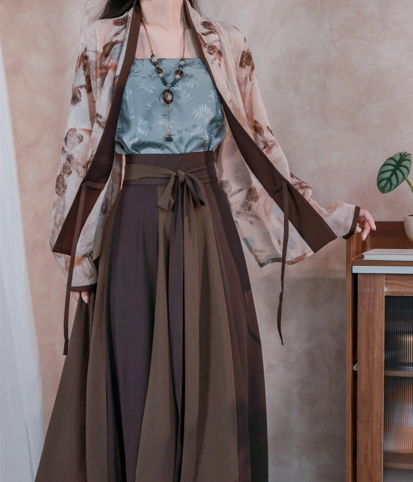 Dream Dead Wood Blossom Song-style Airplane Sleeve Sleeveless Vest, Color-blocked Patchwork Skirt, Song Pants & Wide-leg Pants, Commute Hanfu for Women