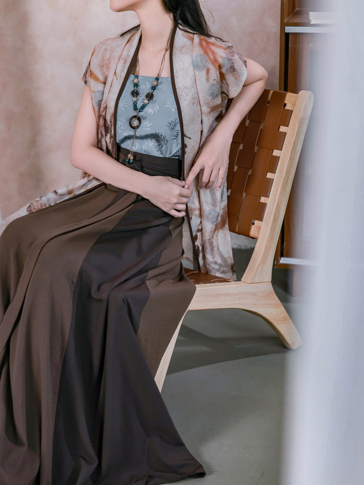 Dream Dead Wood Blossom Song-style Airplane Sleeve Sleeveless Vest, Color-blocked Patchwork Skirt, Song Pants & Wide-leg Pants, Commute Hanfu for Women