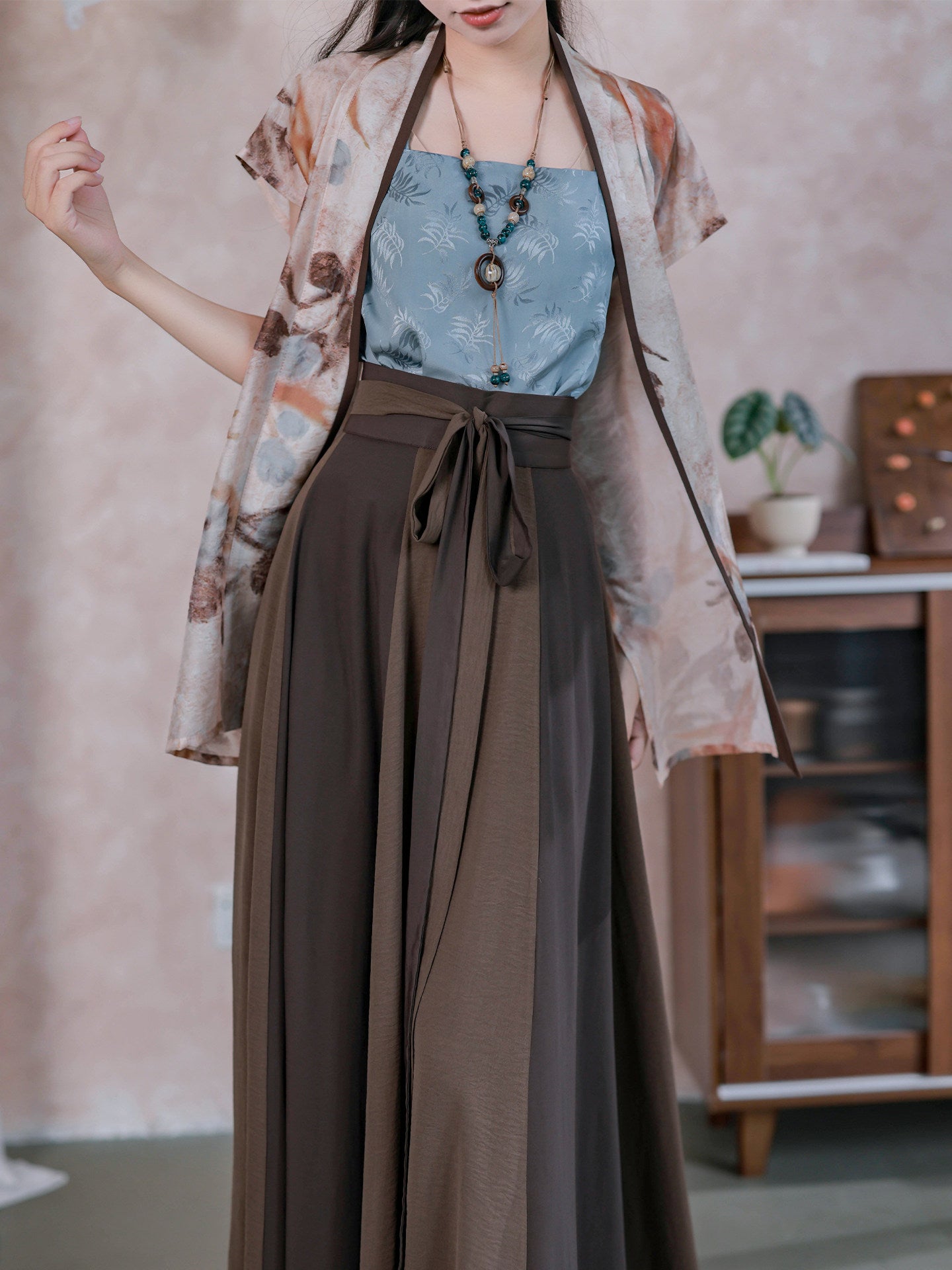 Dream Dead Wood Blossom Song-style Airplane Sleeve Sleeveless Vest, Color-blocked Patchwork Skirt, Song Pants & Wide-leg Pants, Commute Hanfu for Women