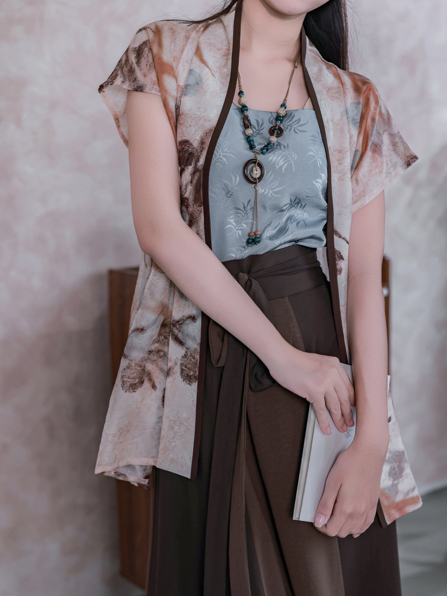 Dream Dead Wood Blossom Song-style Airplane Sleeve Sleeveless Vest, Color-blocked Patchwork Skirt, Song Pants & Wide-leg Pants, Commute Hanfu for Women