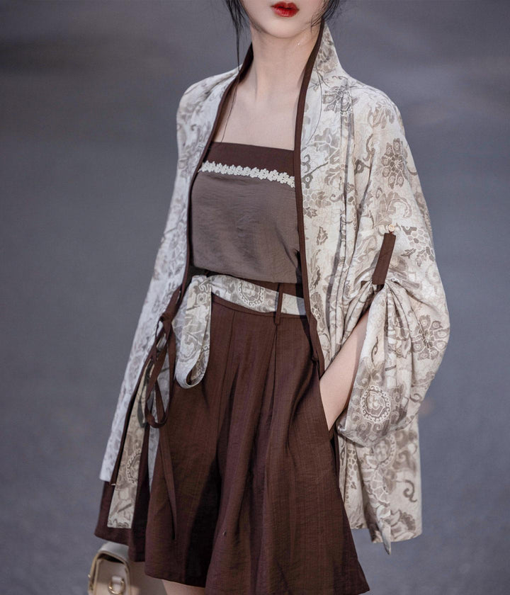 Nimeng Yanqiu Original Song-style Front-opening Elastic Pocket Pants, Cotton Linen, Earth Brown, Commute Spring/Autumn Modified Hanfu