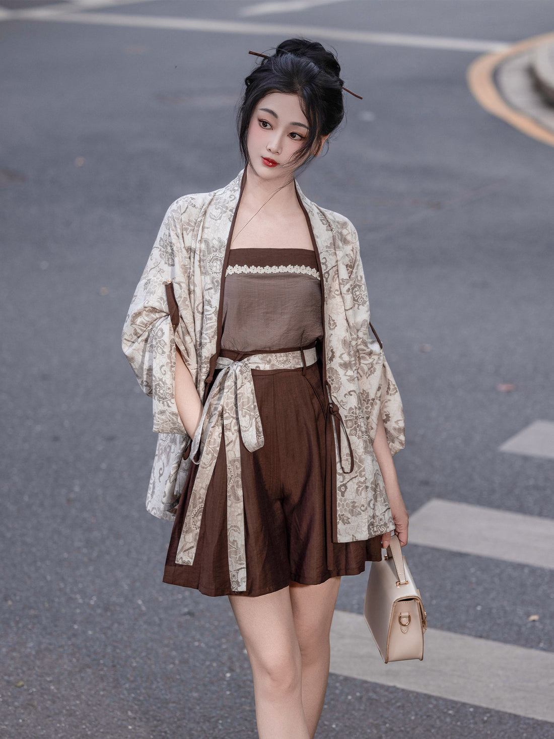 Nimeng Yanqiu Original Song-style Front-opening Elastic Pocket Pants, Cotton Linen, Earth Brown, Commute Spring/Autumn Modified Hanfu