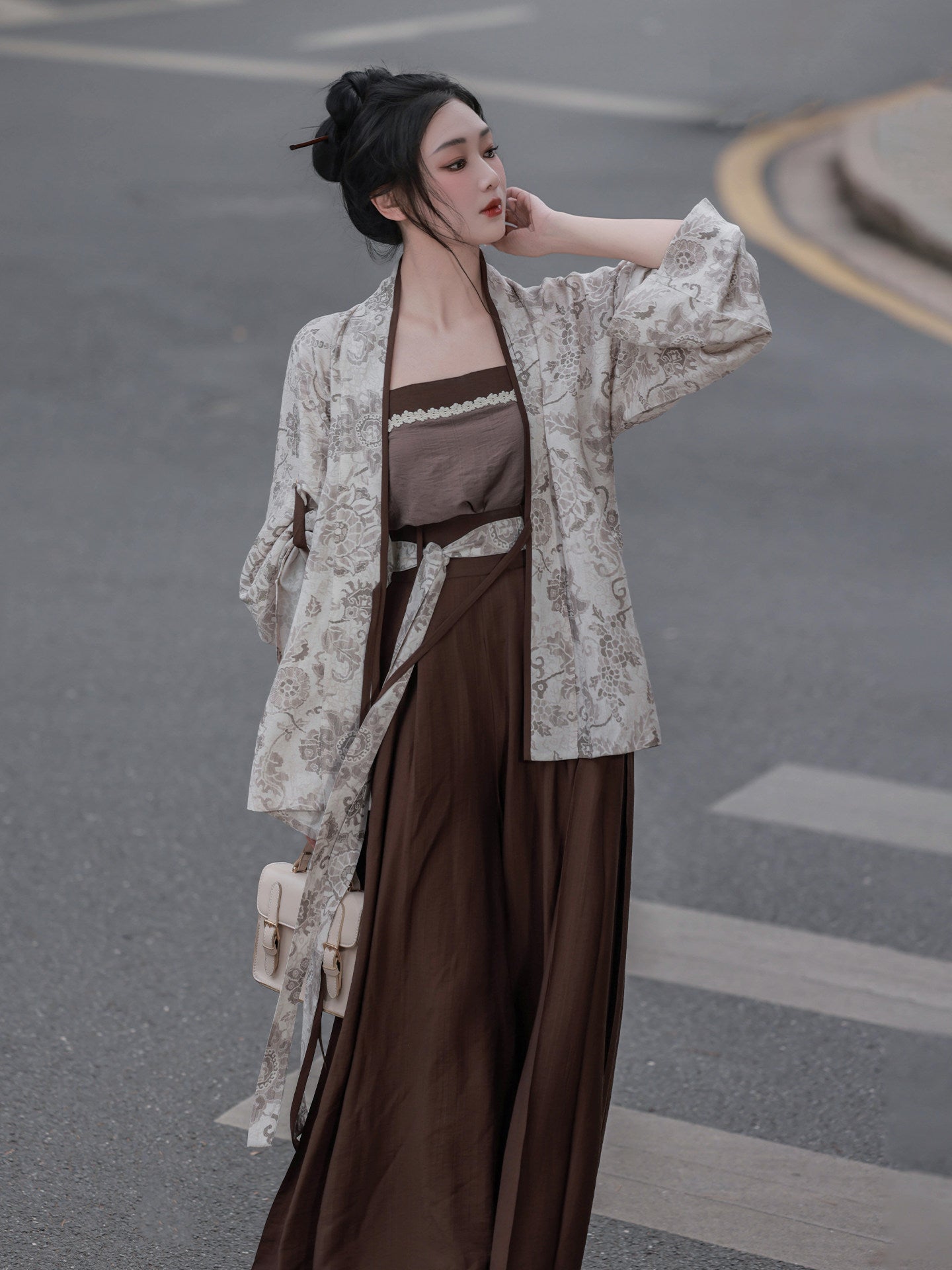 Nimeng Yanqiu Original Song-style Front-opening Elastic Pocket Pants, Cotton Linen, Earth Brown, Commute Spring/Autumn Modified Hanfu