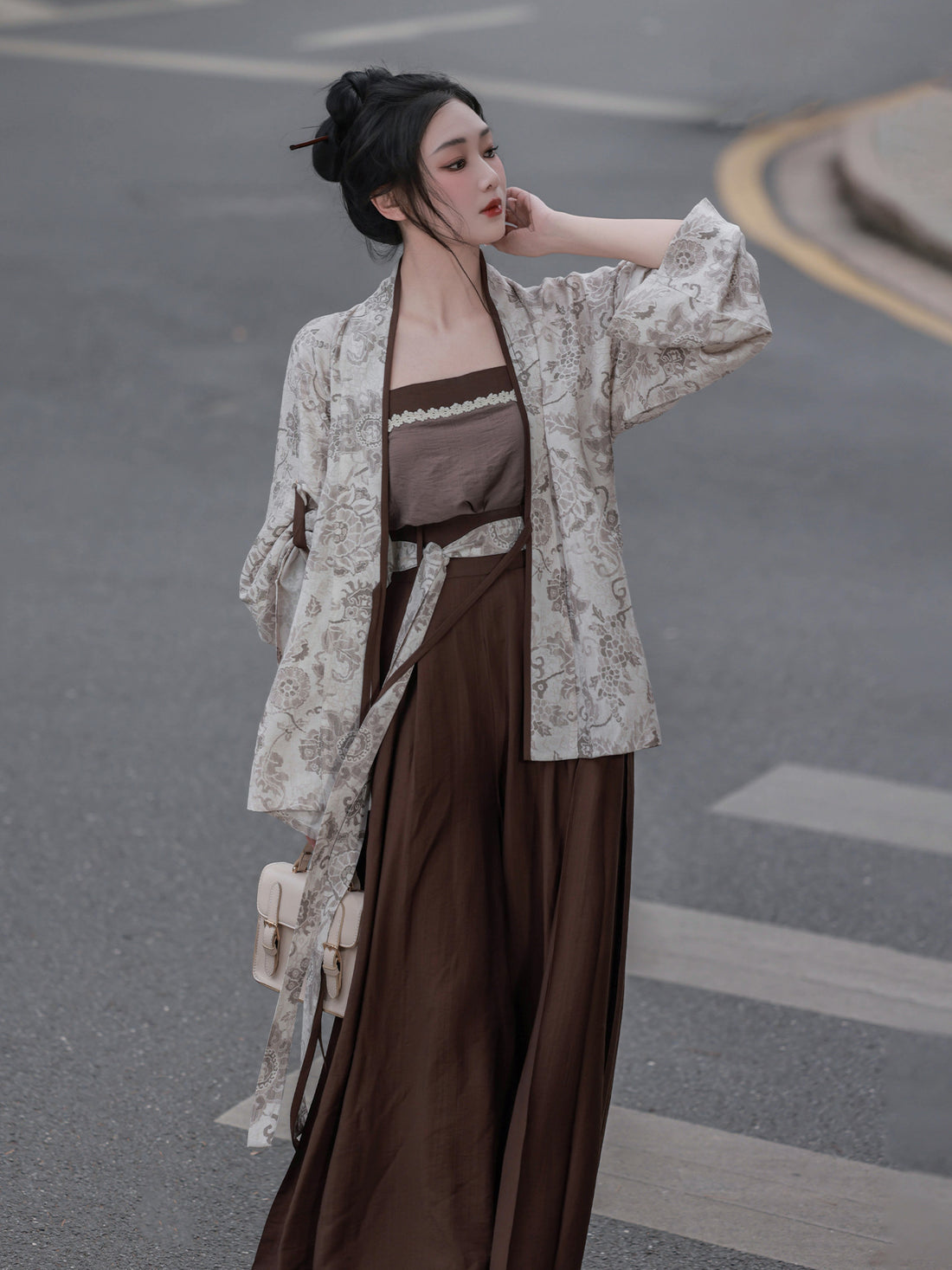 Nimeng Yanqiu Original Song-style Front-opening Elastic Pocket Pants, Cotton Linen, Earth Brown, Commute Spring/Autumn Modified Hanfu