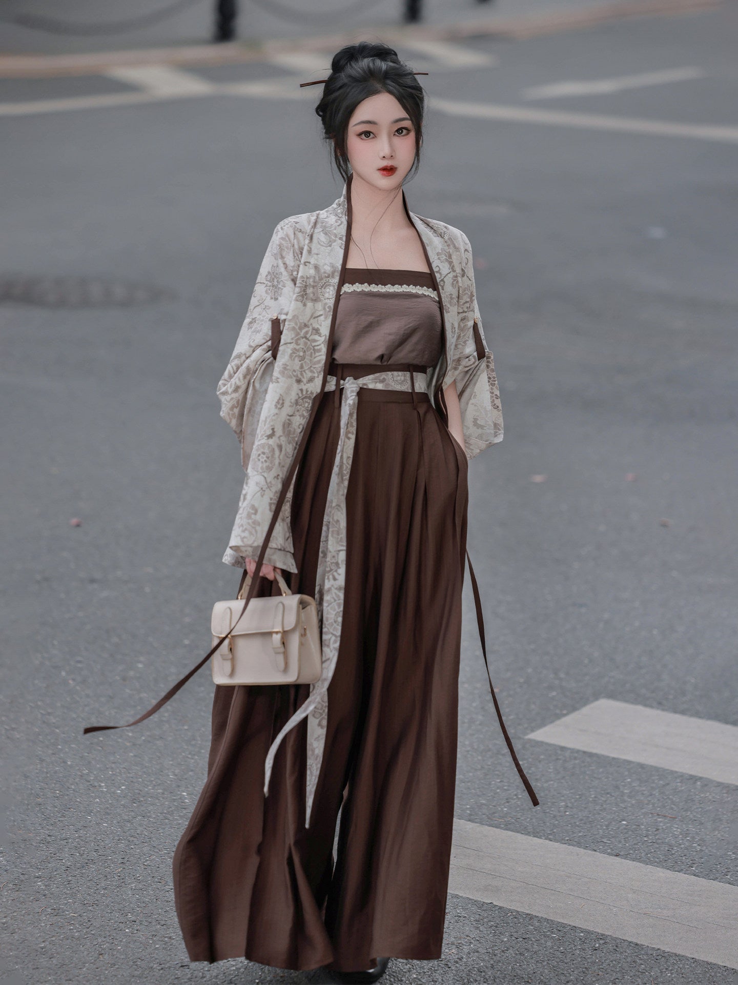 Nimeng Yanqiu Original Song-style Front-opening Elastic Pocket Pants, Cotton Linen, Earth Brown, Commute Spring/Autumn Modified Hanfu
