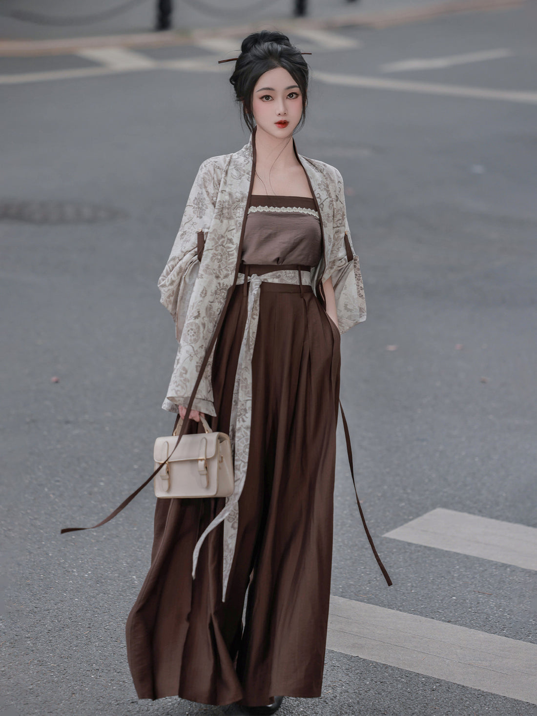 Nimeng Yanqiu Original Song-style Front-opening Elastic Pocket Pants, Cotton Linen, Earth Brown, Commute Spring/Autumn Modified Hanfu