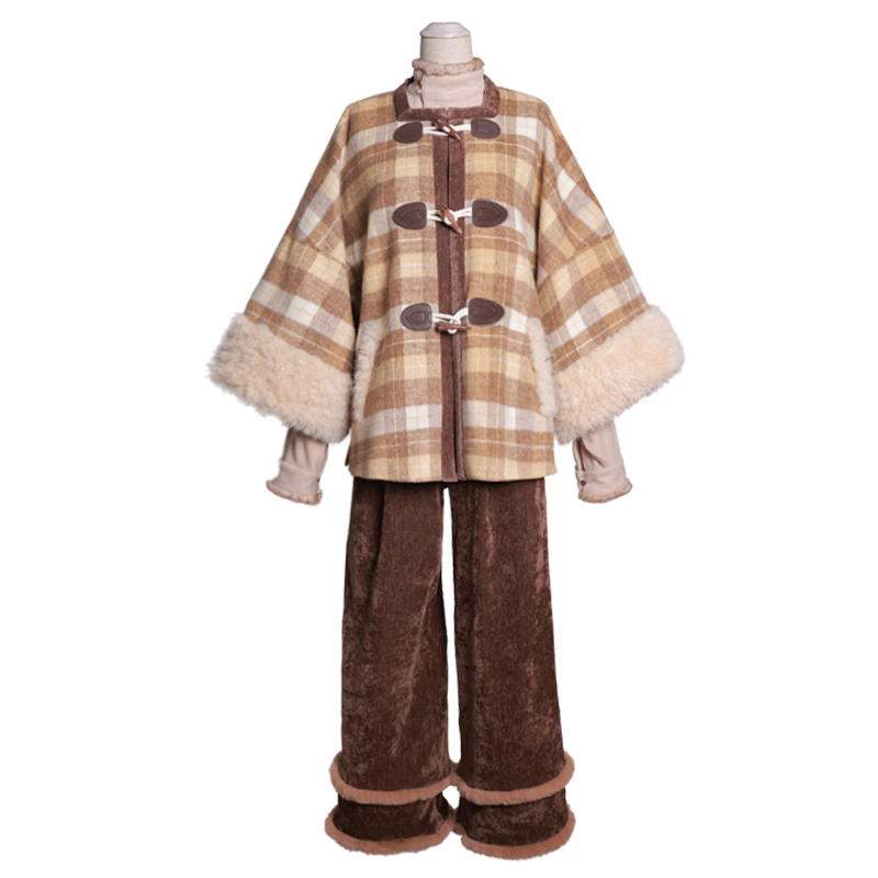 Dreamlike After Class Ming-Style Square-Neck Half-Sleeve Knit Top & Fuzzy Plaid Wide-Leg Pants, Casual Hanfu-Inspired Outfit