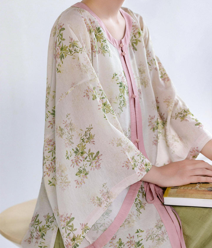 Dream Spring Branch Original Ming-style Round Neck Short Sleeve Top & Wide Hem Elastic Waist Skirt - Chinese Hanfu Daily Wear