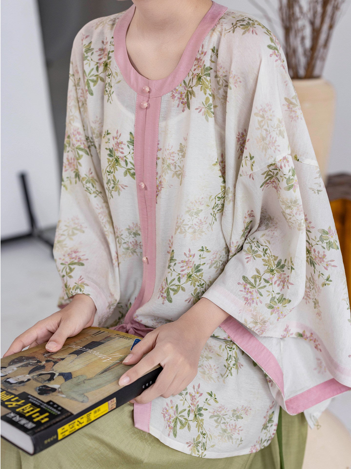 Dream Spring Branch Original Ming-style Round Neck Short Sleeve Top & Wide Hem Elastic Waist Skirt - Chinese Hanfu Daily Wear