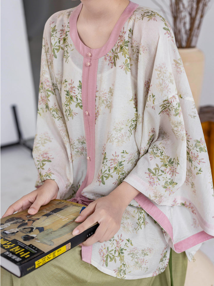 Dream Spring Branch Original Ming-style Round Neck Short Sleeve Top & Wide Hem Elastic Waist Skirt - Chinese Hanfu Daily Wear