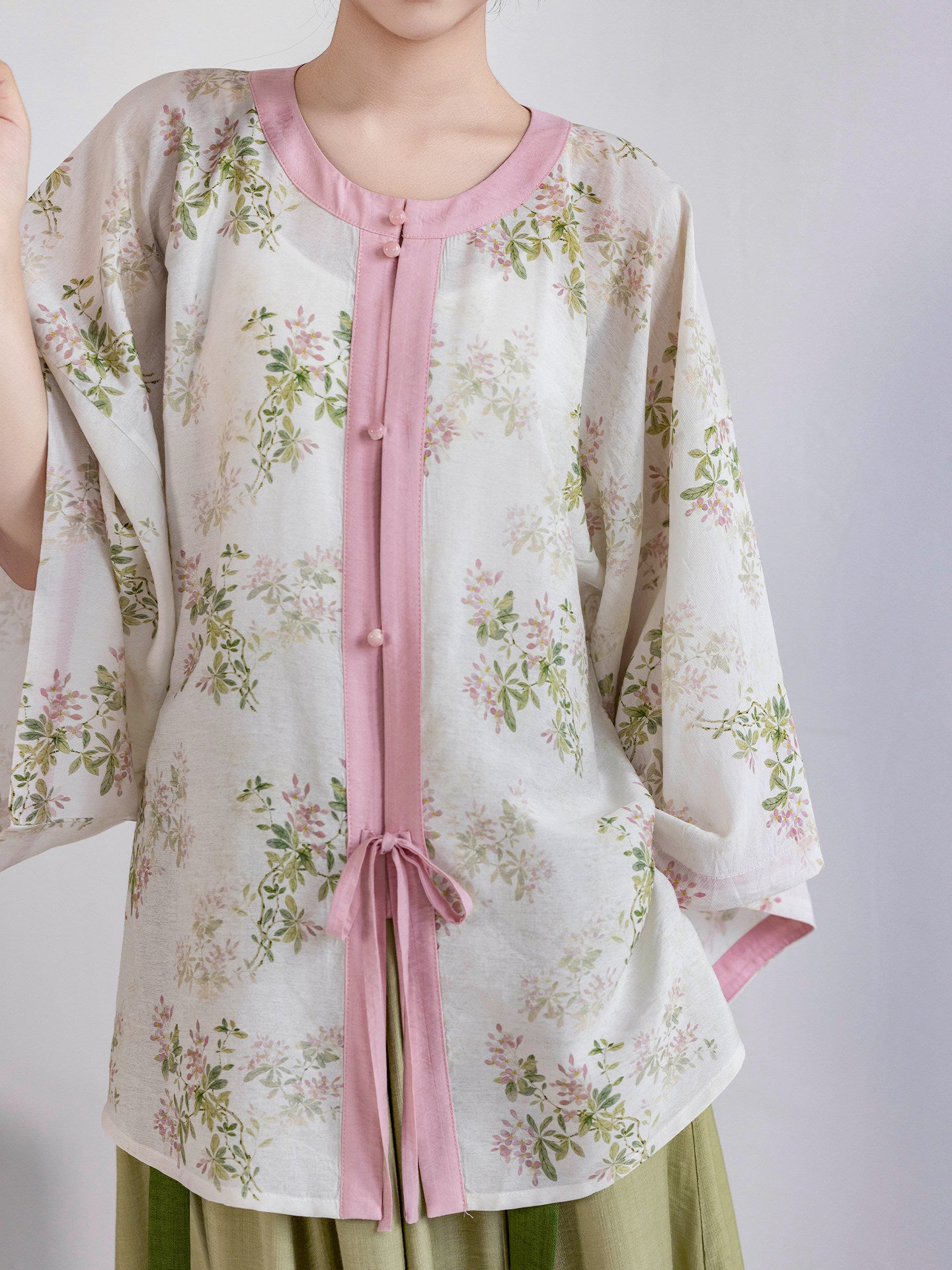 Dream Spring Branch Original Ming-style Round Neck Short Sleeve Top & Wide Hem Elastic Waist Skirt - Chinese Hanfu Daily Wear