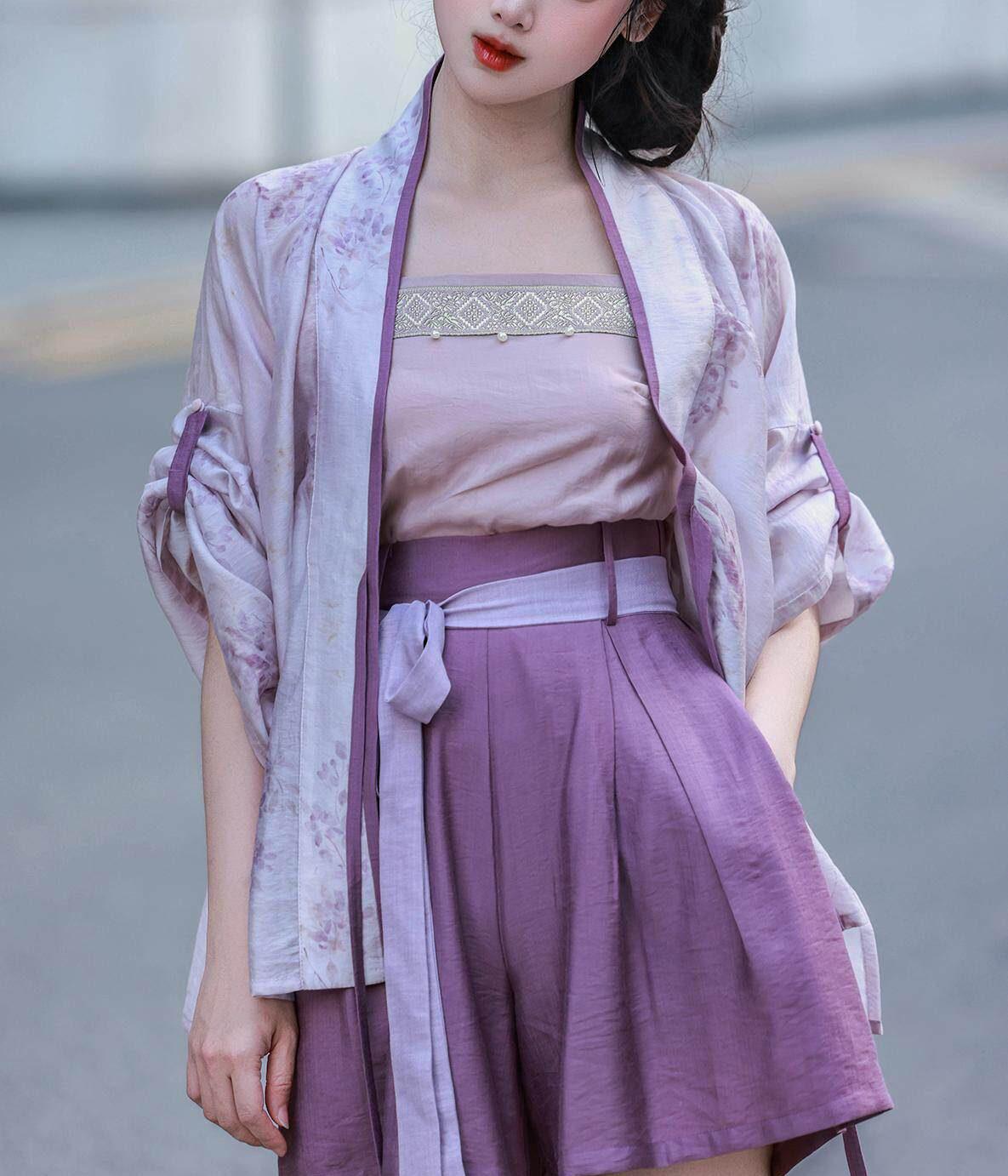 Dreamlike Wisteria Ice Slush Shorts - Chinese-style Elastic Waist Han-style, Daily Commute, Summer & Autumn