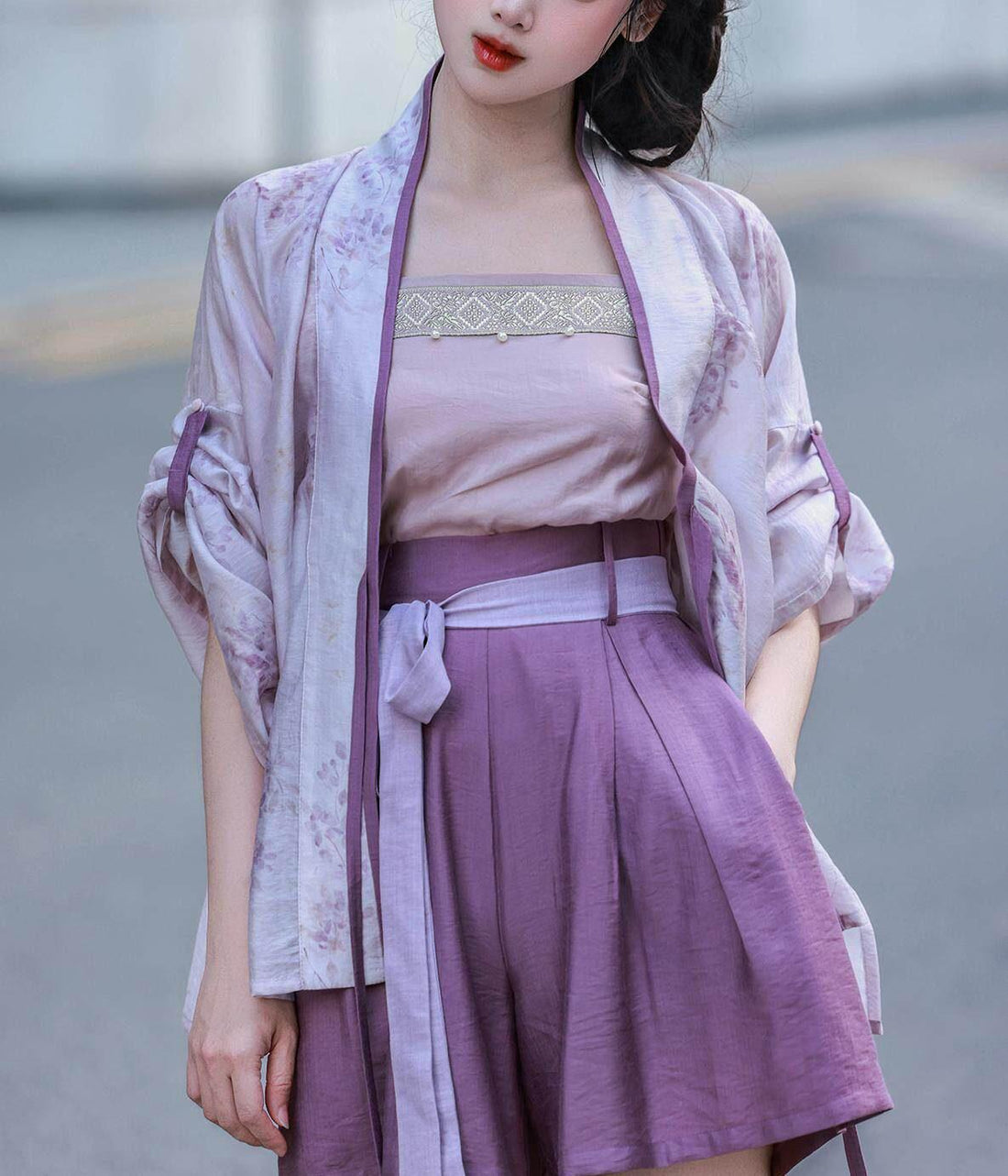 Dreamlike Wisteria Ice Slush Shorts - Chinese-style Elastic Waist Han-style, Daily Commute, Summer & Autumn