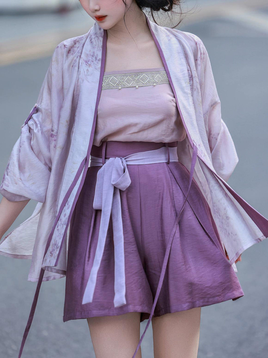 Dreamlike Wisteria Ice Slush Shorts - Chinese-style Elastic Waist Han-style, Daily Commute, Summer & Autumn