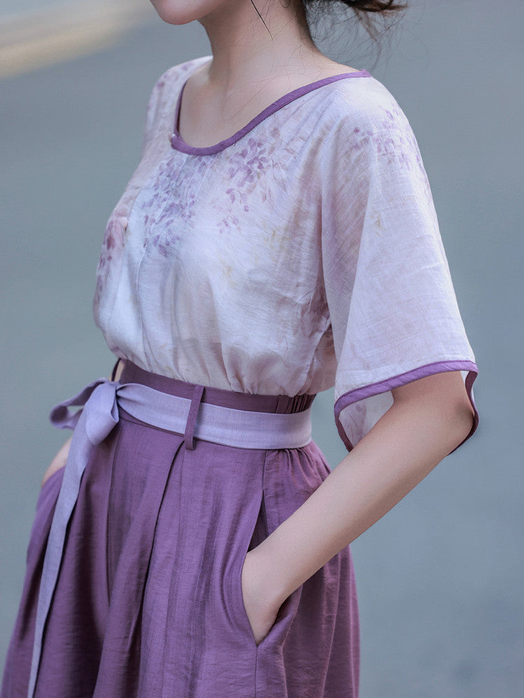 Dreamlike Wisteria Ice Slush Shorts - Chinese-style Elastic Waist Han-style, Daily Commute, Summer & Autumn