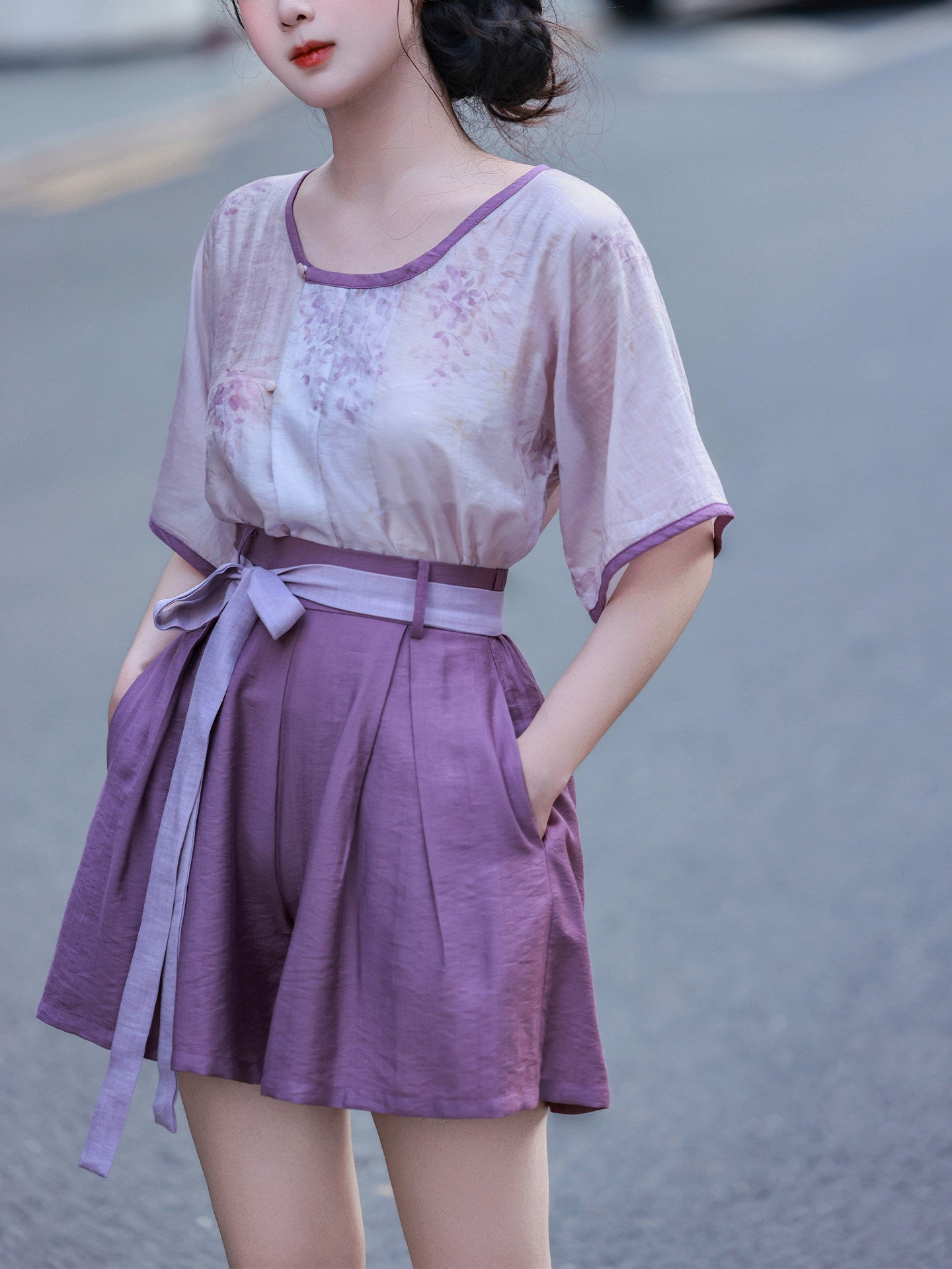 Dreamlike Wisteria Ice Slush Shorts - Chinese-style Elastic Waist Han-style, Daily Commute, Summer & Autumn